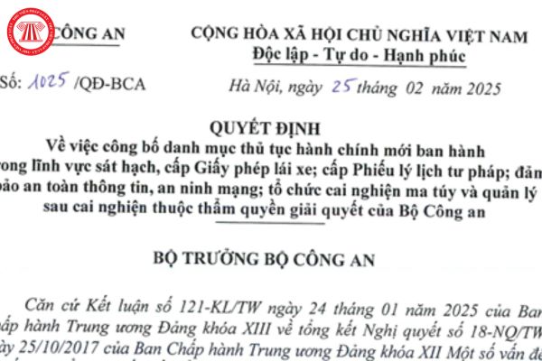 Quyết định 1025/QĐ-BCA năm 2025 của Bộ Công an công bố danh mục hành chính nào?