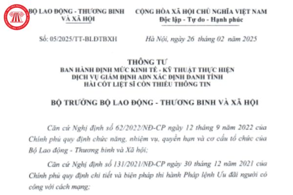 Toàn văn Thông tư 05/2025/TT-BLĐTBXH ban hành định mức KT-KT dịch vụ giám định AND xác định danh tính liệt sĩ thiếu thông tin?