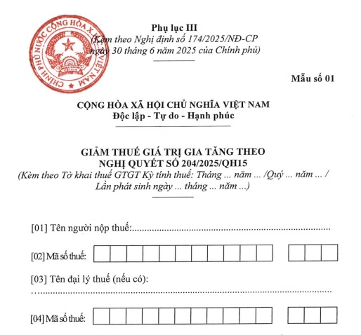 Mẫu Tờ khai giảm 2% thuế GTGT theo Nghị quyết 204/2025/QH15 từ 01/7/2025 