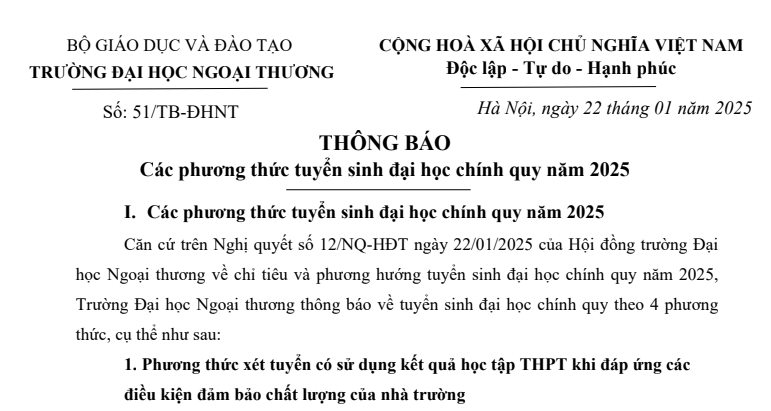 Chính thức có đề án tuyển sinh FTU 2025 chi tiết ra sao?