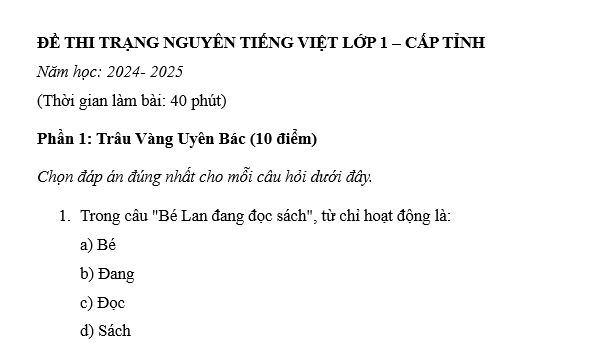 Mẫu đề thi Trạng Nguyên tiếng Việt lớp 1 cấp tỉnh có đáp án?