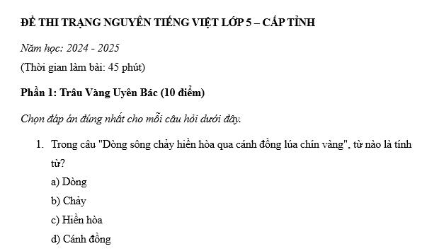 Mẫu đề thi Trạng Nguyên tiếng việt lớp 5 cấp tỉnh?