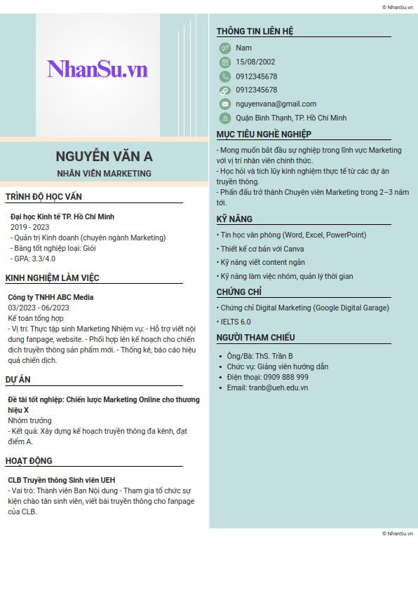 Mẫu CV cho sinh viên mới ra trường