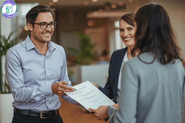 Nhân sự công ty đang nhận hồ sơ xin việc tại cuộc phỏng vấn