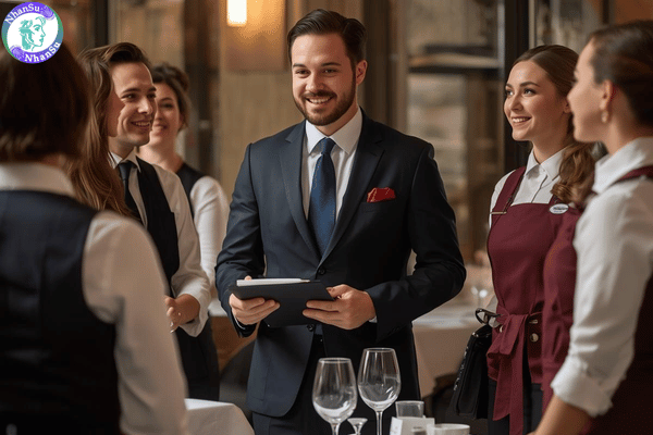 Quản lý nhà hàng trao đổi và phân công công việc cho đội ngũ nhân viên