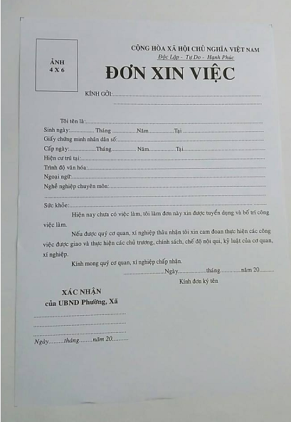 Mẫu đơn xin việc có khung ảnh 4x6 in sẵn