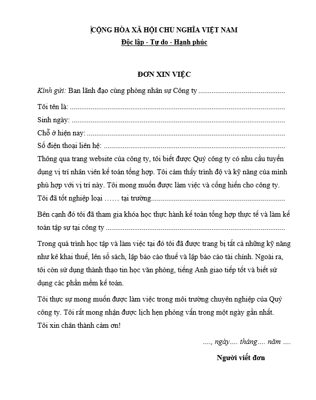 Đơn xin việc viết tay