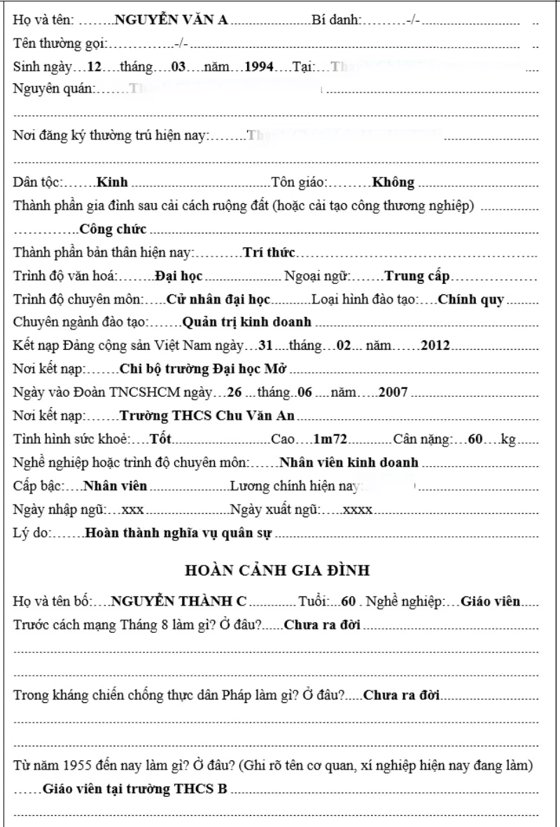 Sơ yếu lý lịch đánh máy