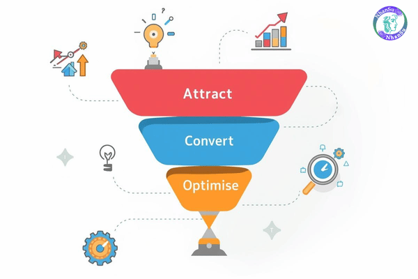 Hoạt động Digital Marketing thường xoay quanh 3 bước: thu hút, chuyển đổi và tối ưu