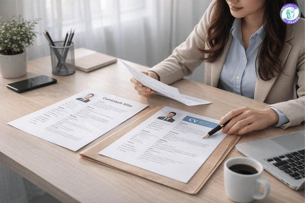 Ứng viên chuẩn bị CV bản cứng in trên giấy A4 trắng trước buổi phỏng vấn