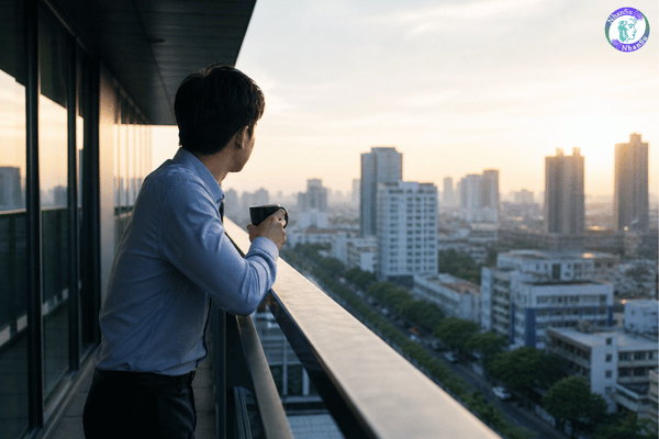 Người đi làm đứng suy nghĩ bên ngoài văn phòng vào buổi sáng