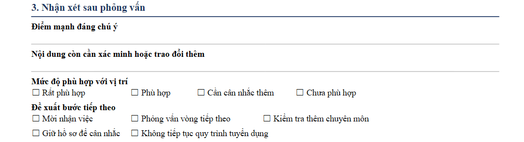 Phần nhận xét ứng viên sau phỏng vấn trong phiếu đánh giá